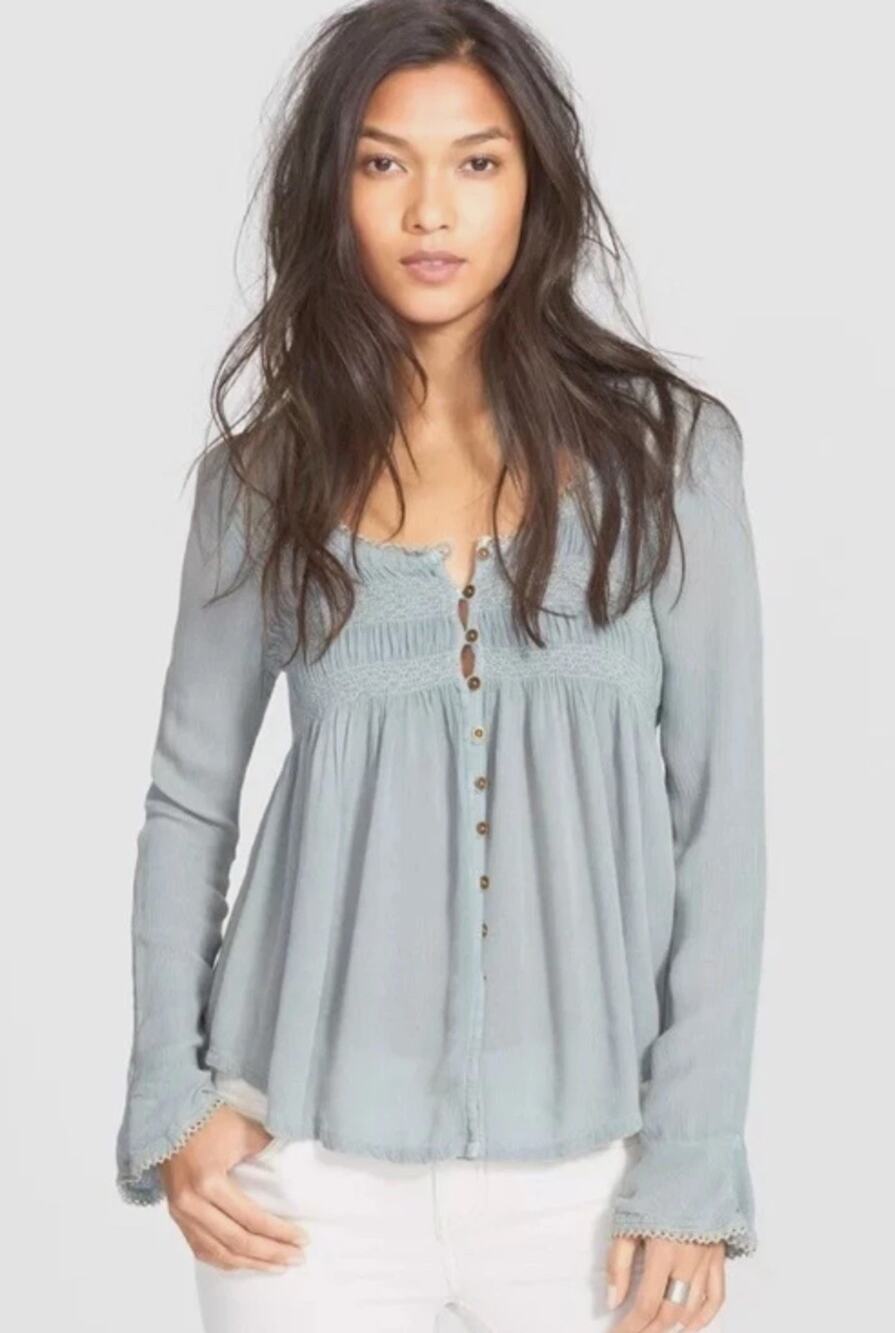 Free People Women Blue Bird Smocked Babydoll Tunic Top M Long Slv Boho Peasant